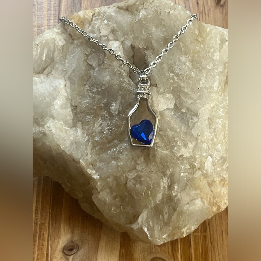 Sapphire Gemstone Heart In Sterling Silver Bottle W/ Clear Crystals Necklace~New